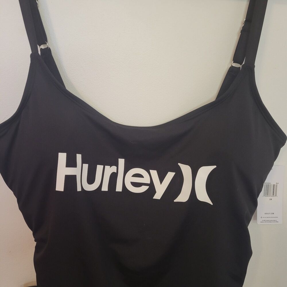 Hurley Black One Piece Swimsuit 3X NWT Adjustable Straps Side Tie Stretch Logo - Picture 2 of 6